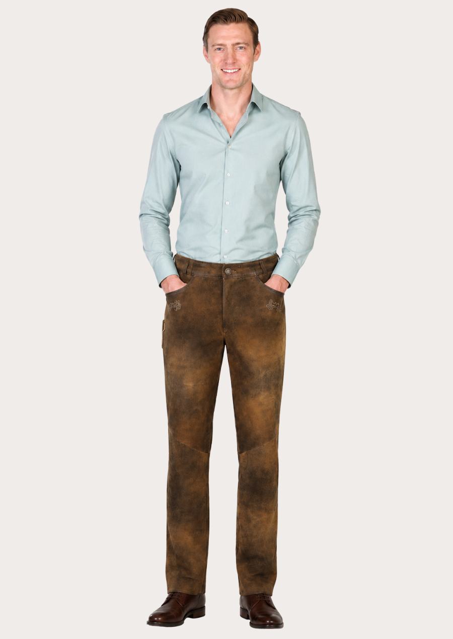 Distressed suede leather Trachten pants with authentic Bavarian Alpine styling