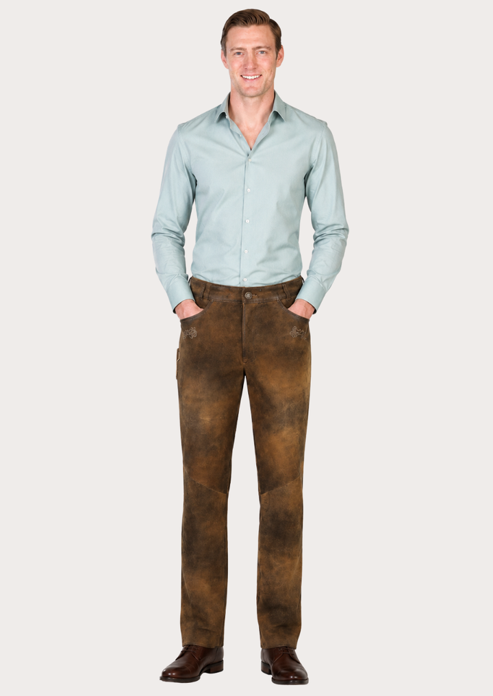 Distressed suede leather Trachten pants with authentic Bavarian Alpine styling