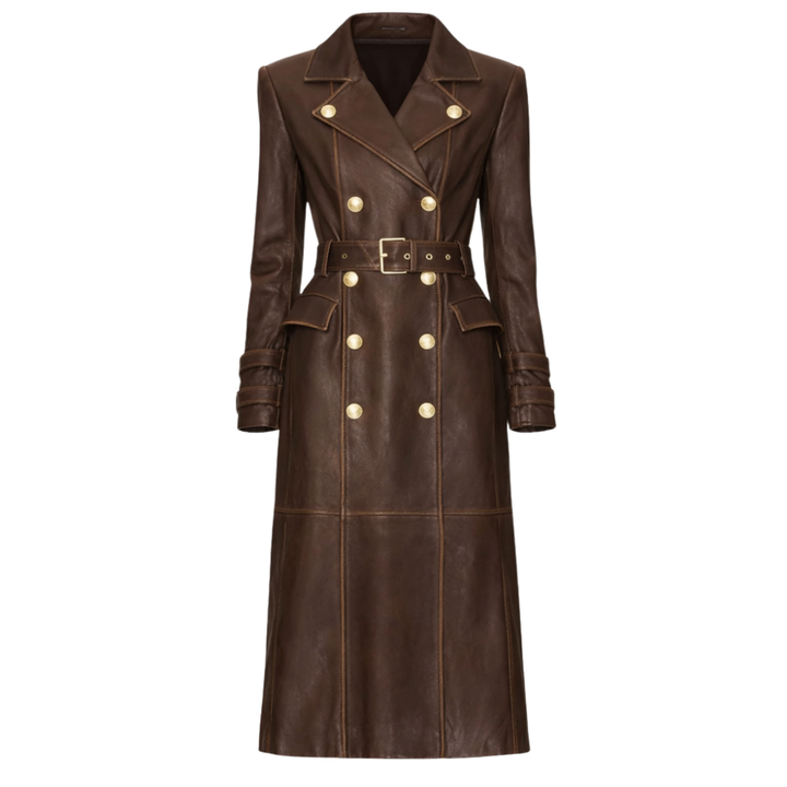 Double breasted leather trench coat with classic styling