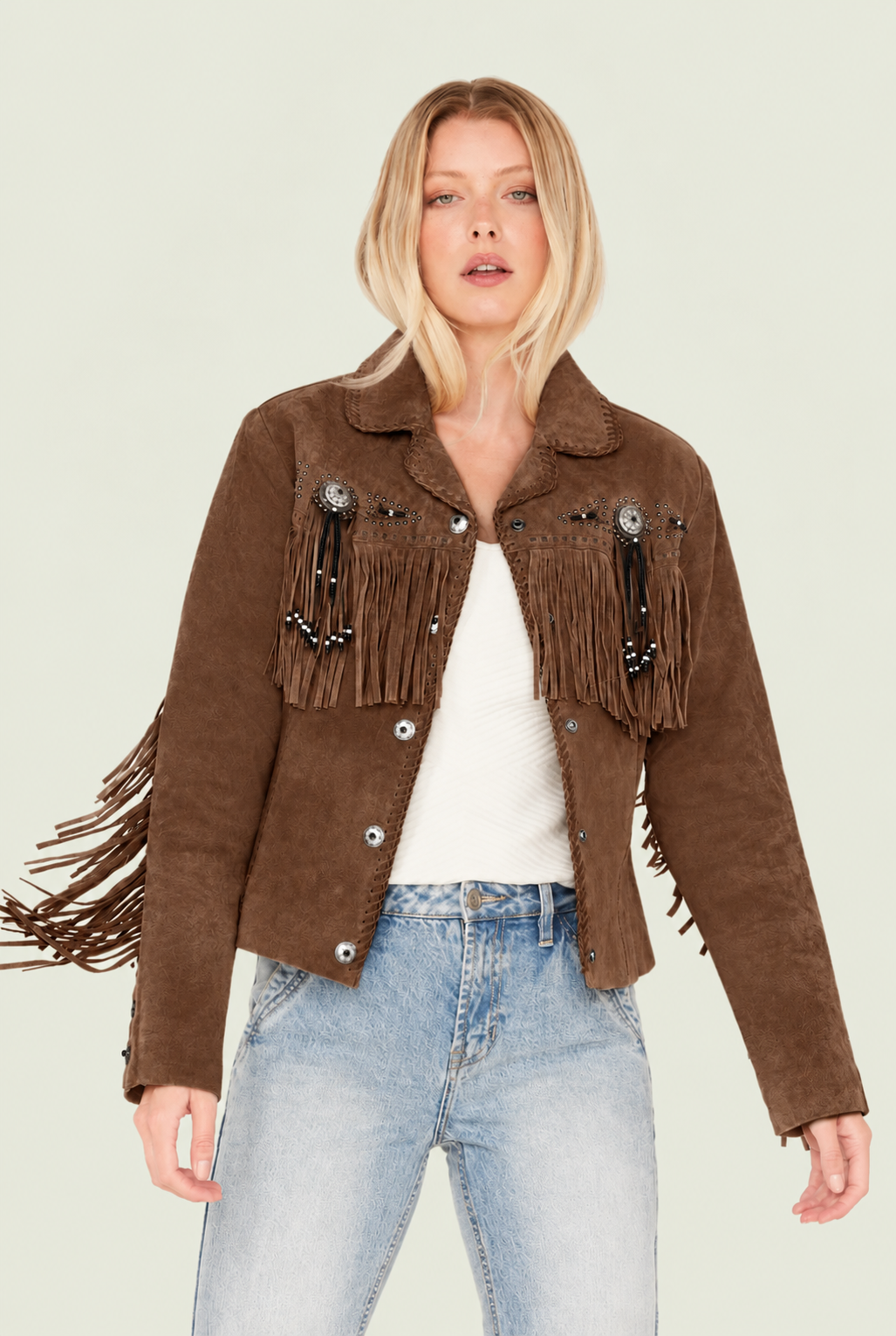 Stylish Western Suede Leather Jacket For Women With Fringes