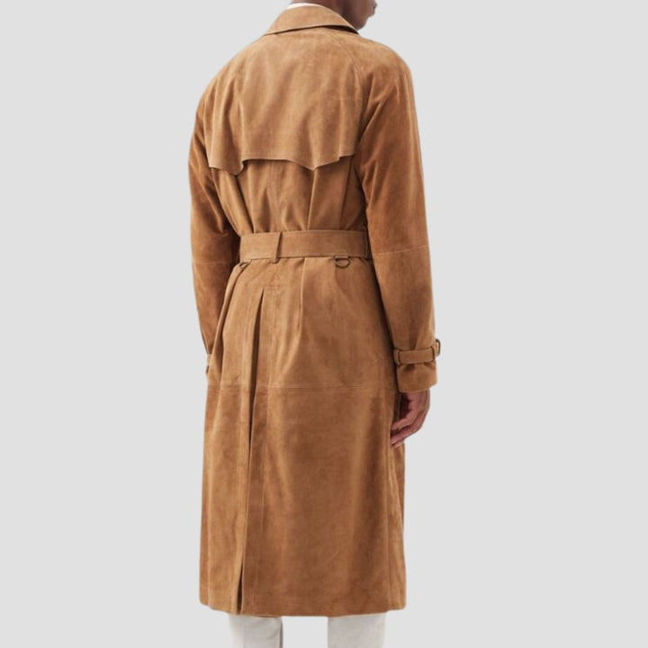 Brown suede trench coat for casual and formal wear.