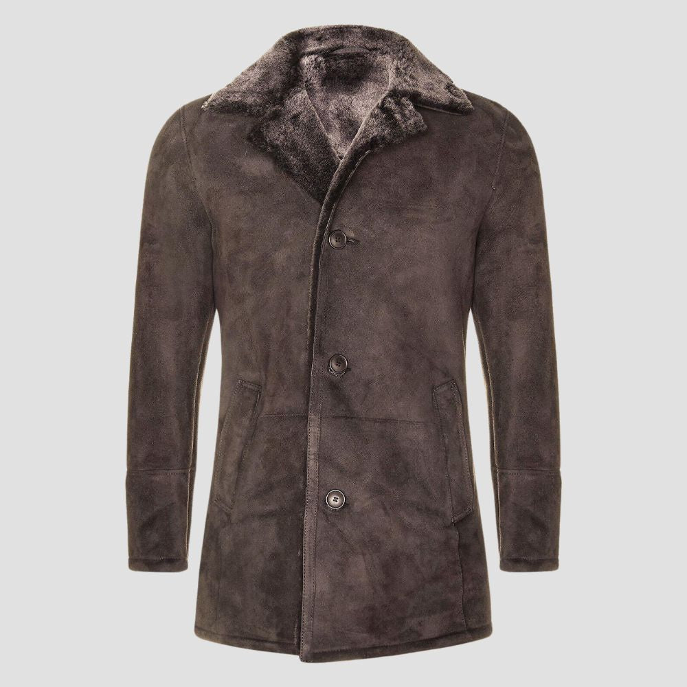 Unique men’s suede leather shearling coat for rugged fashion.