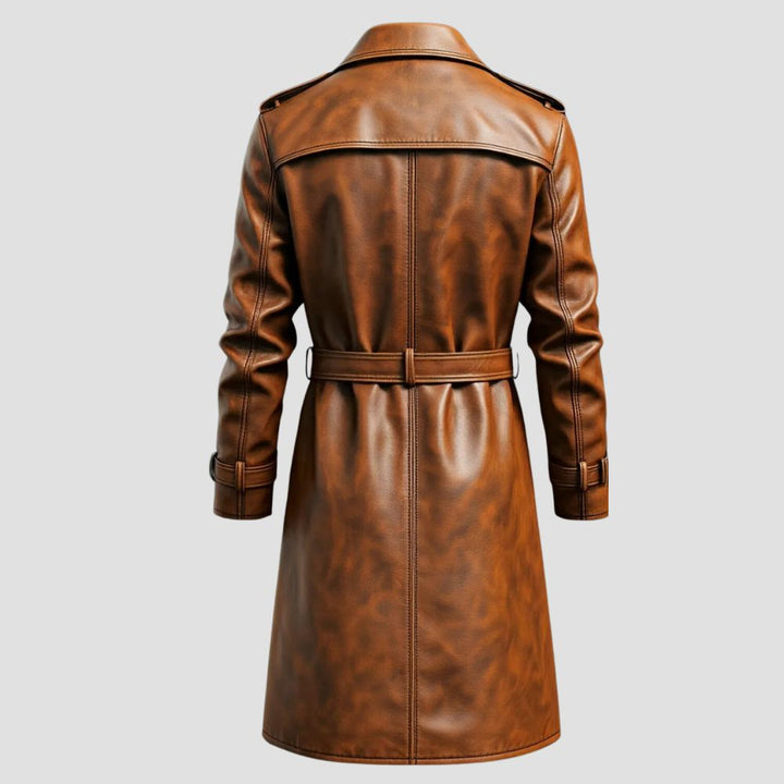 Men’s brown sheepskin leather trench coat for modern fashion.