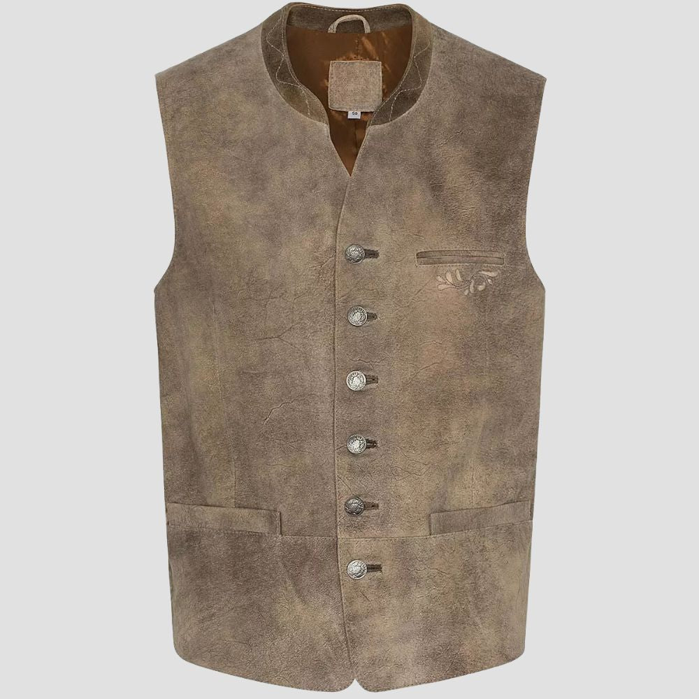 Make a stylish impression at Oktoberfest parties with this elegant men’s leather Trachten vest, designed for sophistication and tradition.