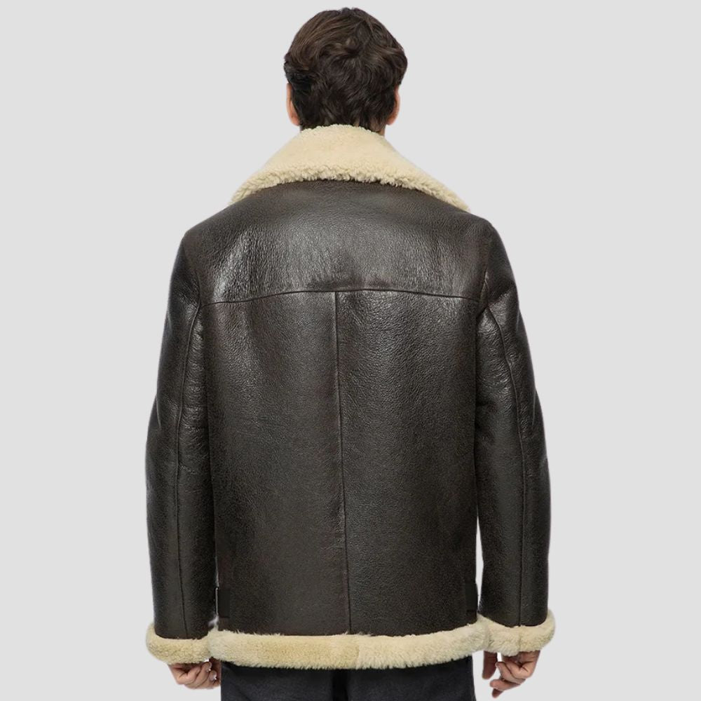 Men’s warm brown leather aviator jacket with faux fur lining