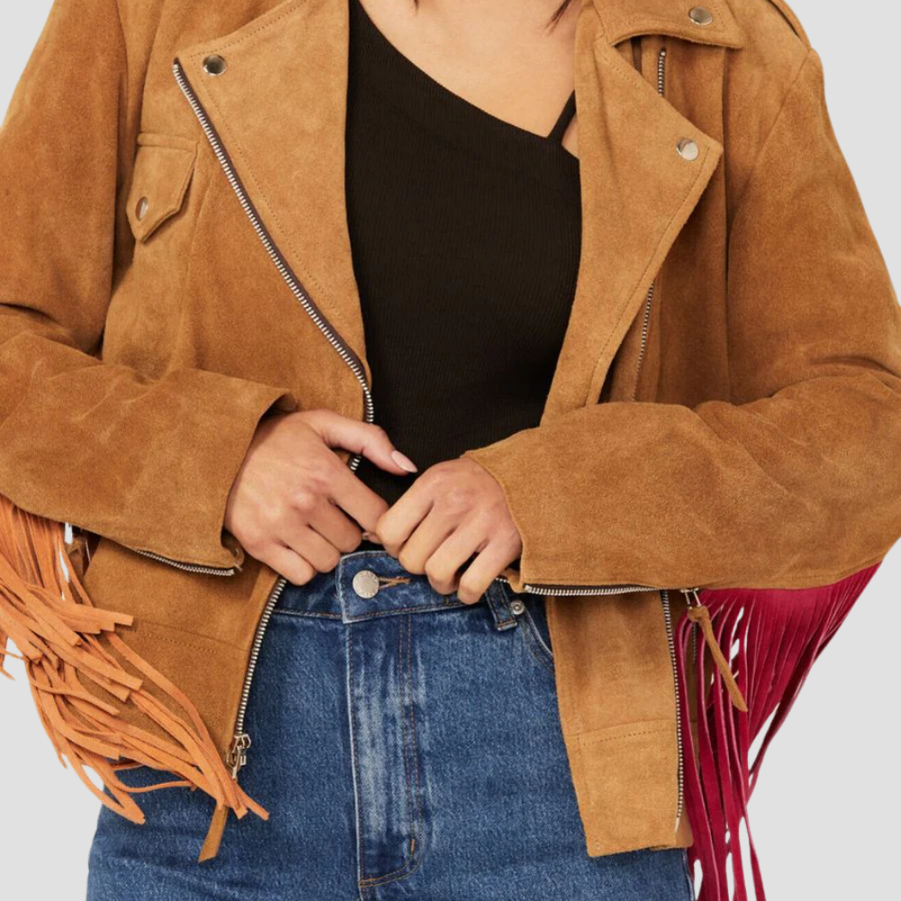 Elevate your wardrobe with an elegant suede leather jacket for women. Featuring Western fringes, this jacket combines luxury with trendy, Western charm for a timeless style.