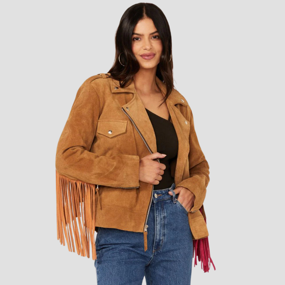 Shop an elegant suede leather jacket for women with Western fringes. The soft suede and stylish fringe detailing create a chic, sophisticated Western-inspired look.