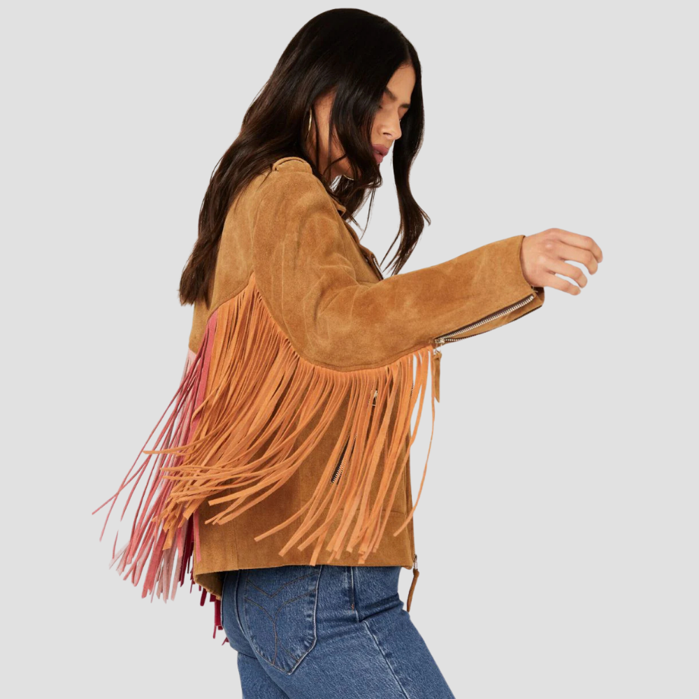 This elegant suede leather jacket for women with Western fringes is perfect for adding a bold touch to your wardrobe. The suede material and fringe accents make it a must-have piece.