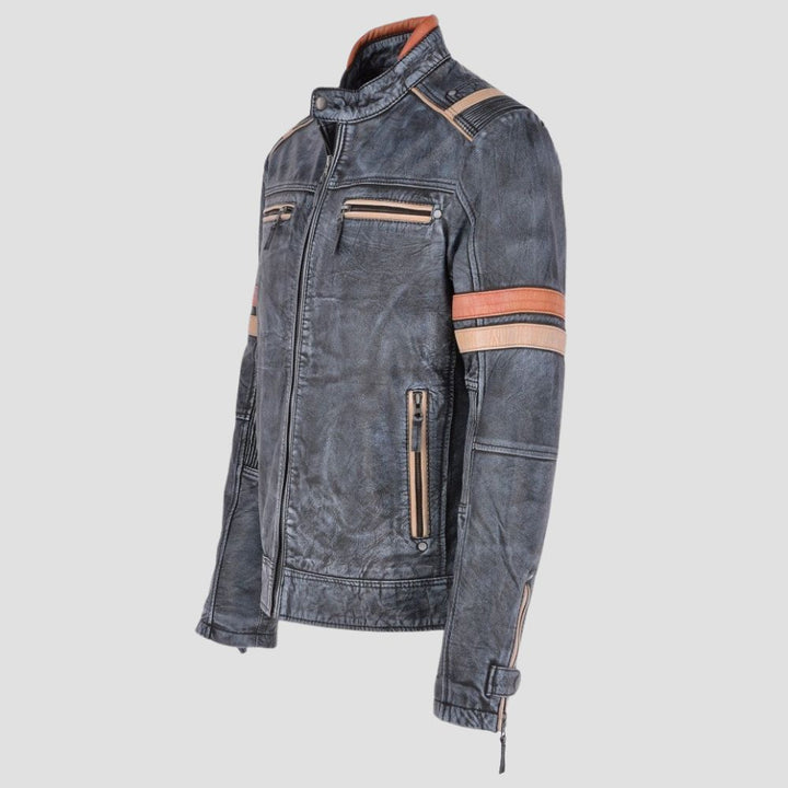 Stylish distressed leather jacket for men with adjustable collar.