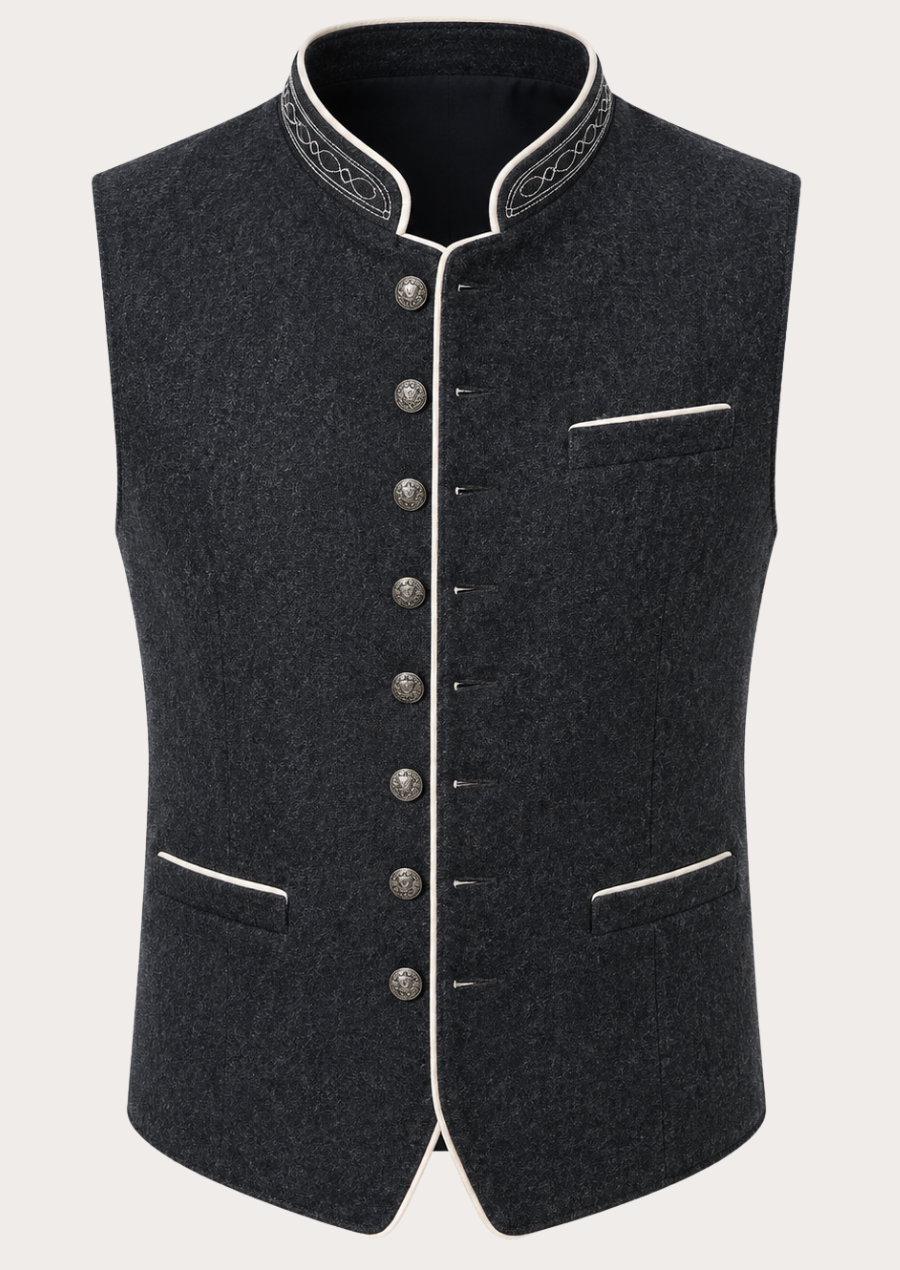 Premium men's Trachten waistcoat showcasing intricate embroidered collar detailing