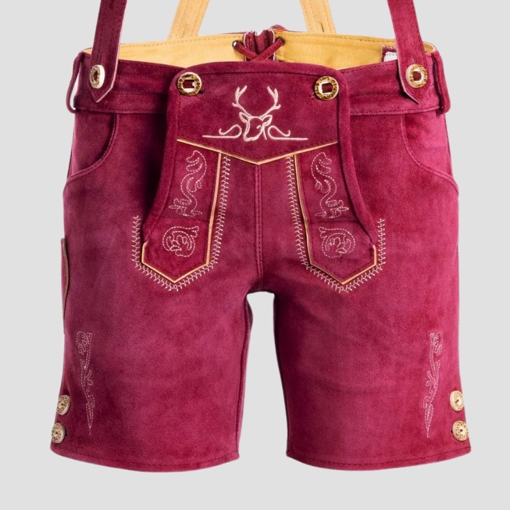 Shop these women’s Bavarian lederhosen with intricate floral details and buttons. A stunning mix of tradition and style, ideal for Oktoberfest or cultural events.