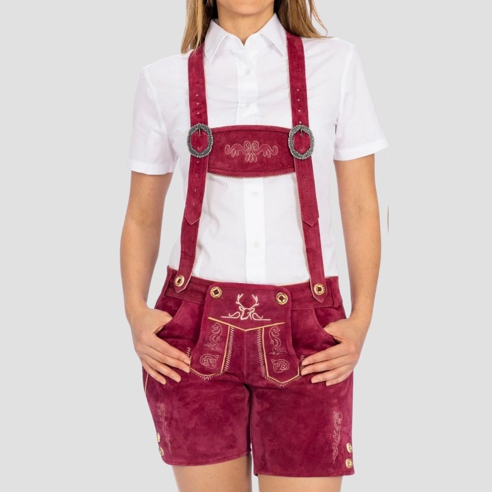 Buy women’s Bavarian lederhosen with floral details and buttons. These beautifully crafted lederhosen blend traditional style with charming floral accents.