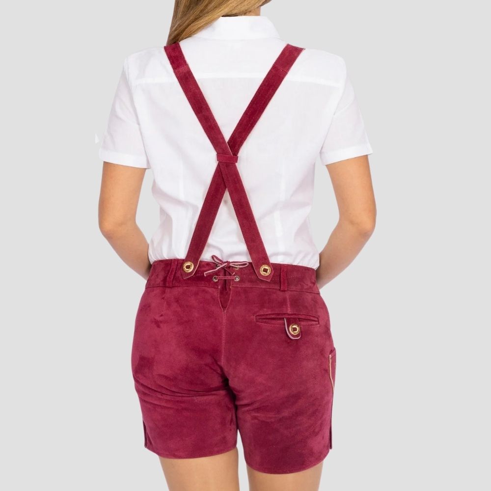 These women’s Bavarian lederhosen feature elegant floral details and buttons, making them perfect for adding a stylish touch to your cultural festival outfit.