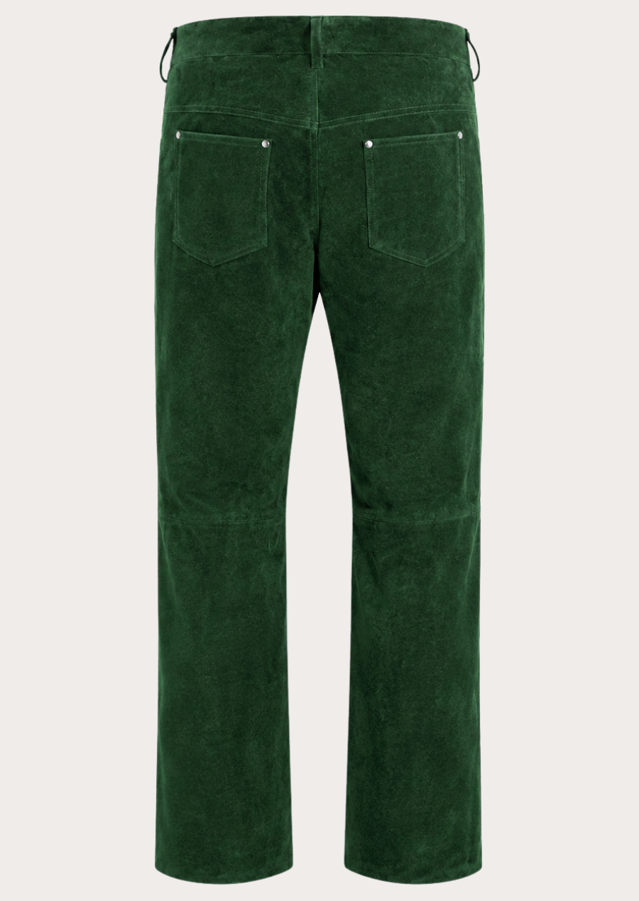 Premium green suede biker pants featuring a soft velvety texture and modern design