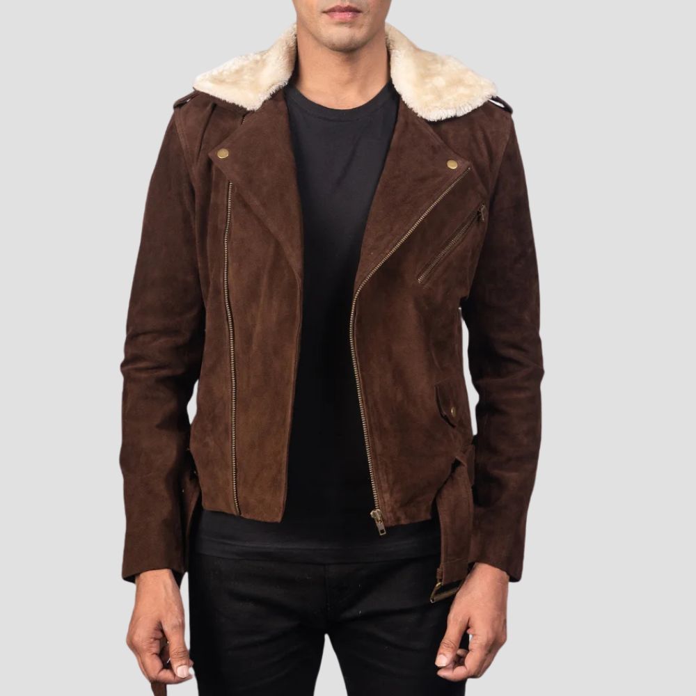 Stay stylish and warm with this men’s brown suede jacket featuring a luxurious fur collar, perfect for any winter outing.