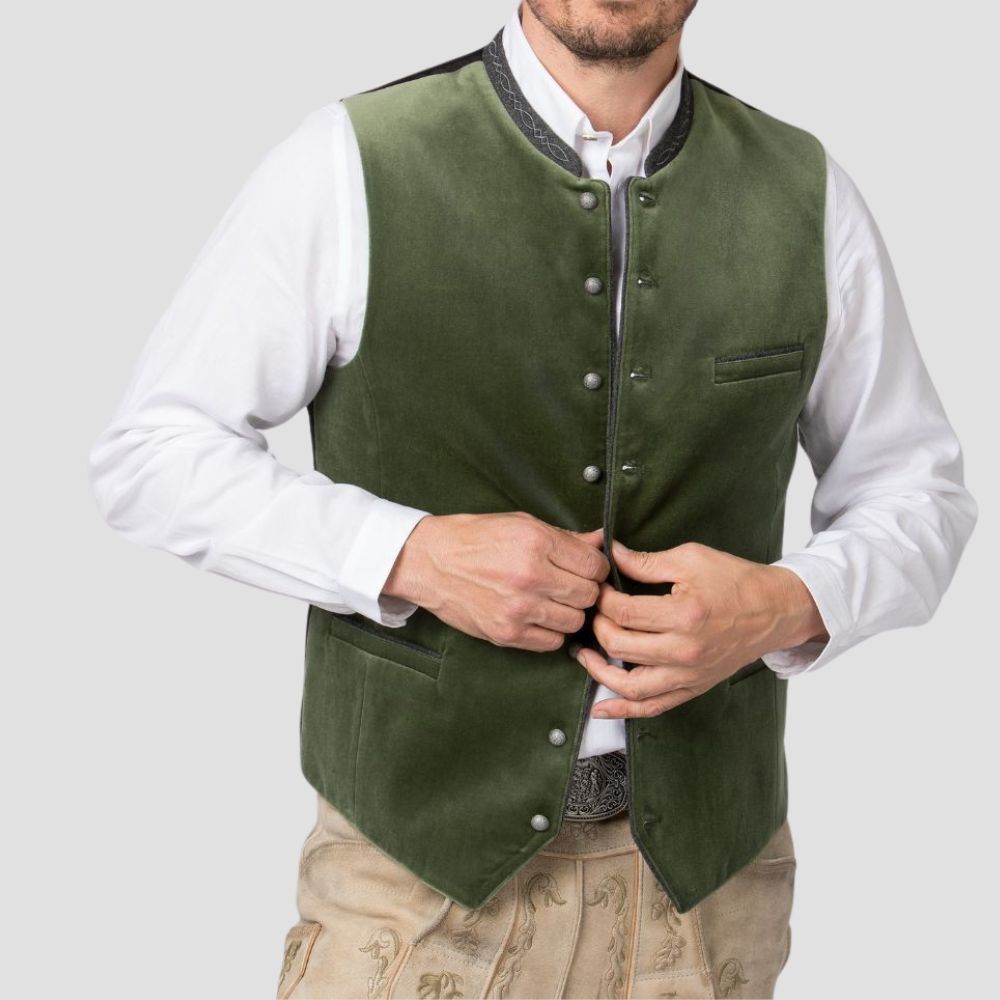 Make a sophisticated statement at German celebrations with this exclusive designer Trachten vest, tailored for modern appeal.