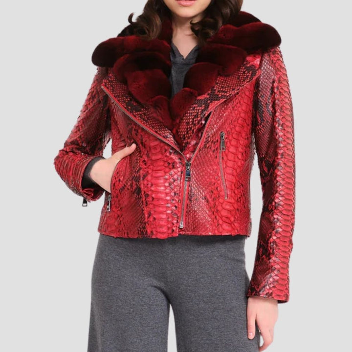 Make a statement with this exotic python biker jacket for women. Featuring luxurious fur lining, it’s perfect for winter fashion, combining bold style and warmth.