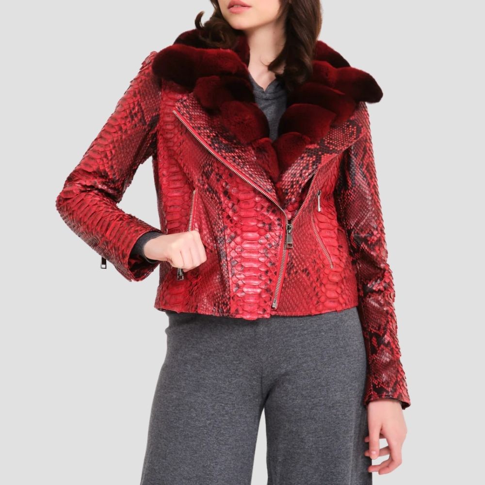 This exotic python biker jacket for women with fur is the ultimate winter fashion piece. The striking python texture and cozy fur lining keep you stylish and warm.