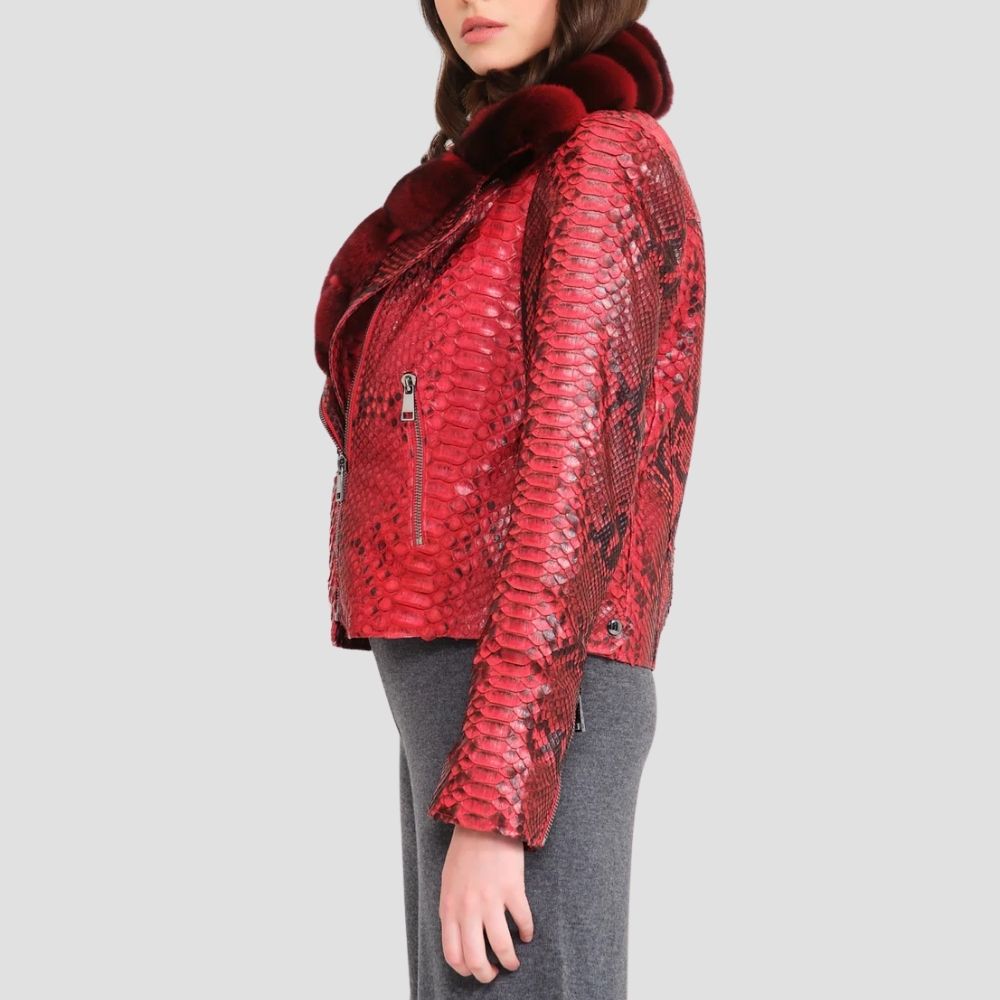 Stay chic and warm this winter with this exotic python biker jacket for women. Featuring an eye-catching python design and plush fur lining, it’s a must-have fashion piece.