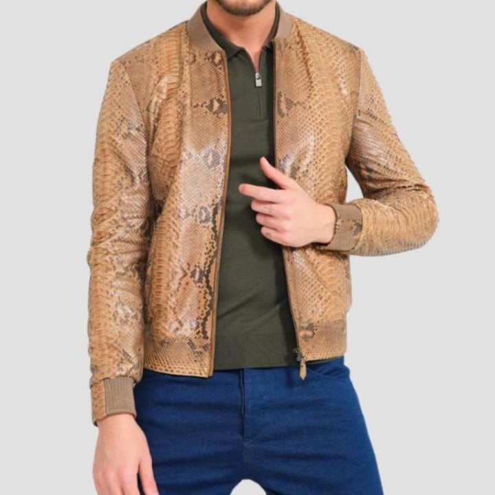 Stylish brown python embossed bomber leather jacket for men.