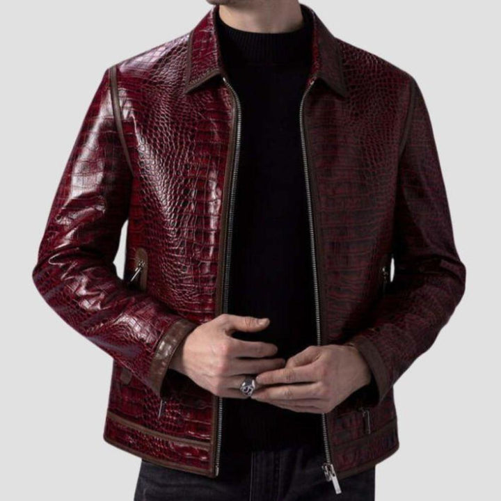 Stylish burgundy cow leather jacket with embossed crocodile texture.