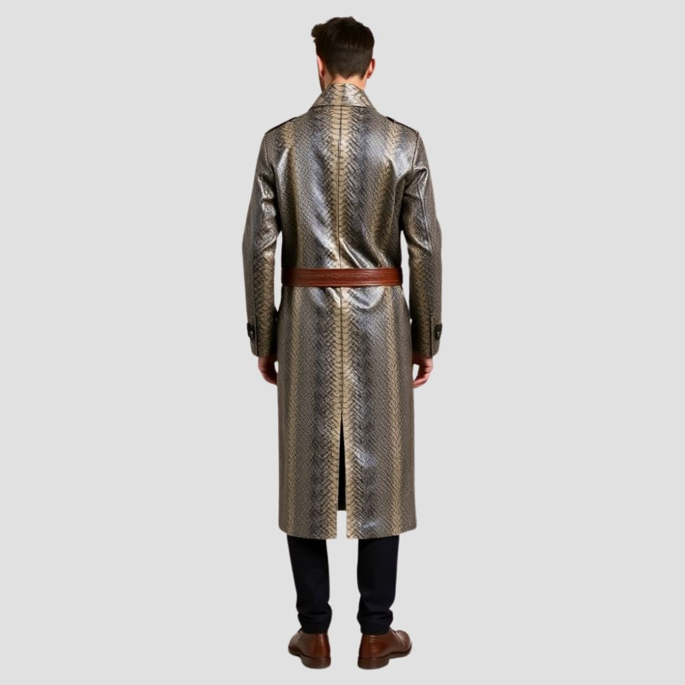 A perfect blend of boldness and luxury, this men’s snakeskin leather trench coat is an essential for your wardrobe.