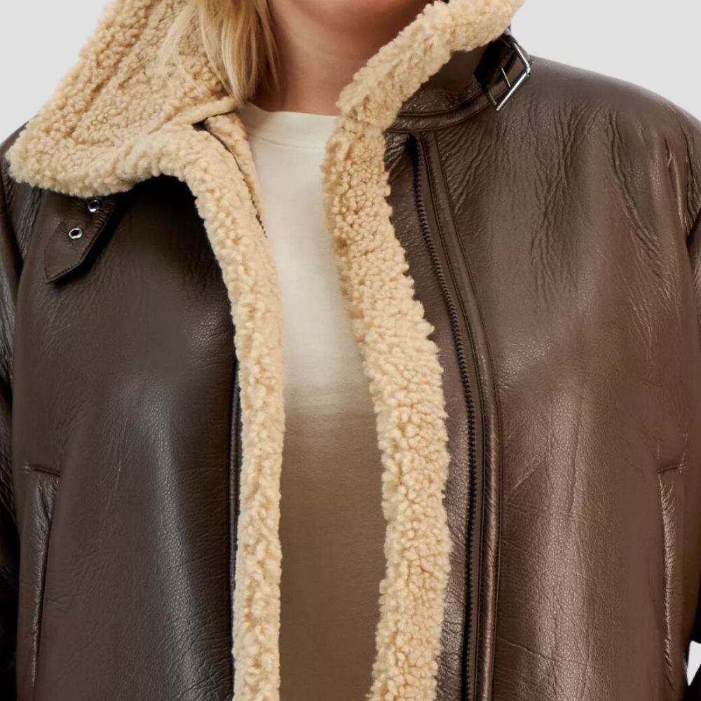 This chic B3 aviator leather jacket for women is perfect for trendy winter wear. The plush shearling lining and durable leather exterior provide warmth and modern style.