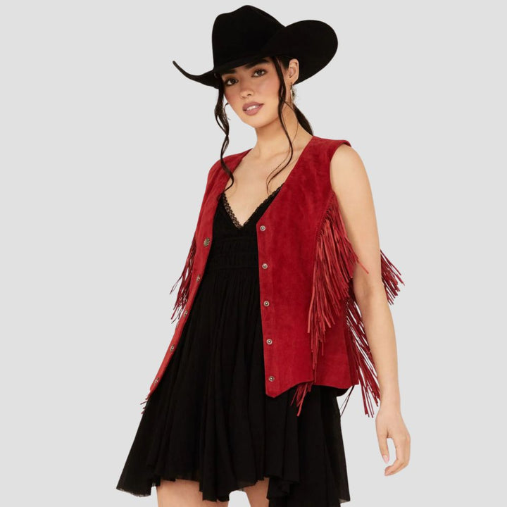 Fashionable women’s fringe leather vest, perfect for showcasing stylish cowgirl vibes and bold fashion choices.