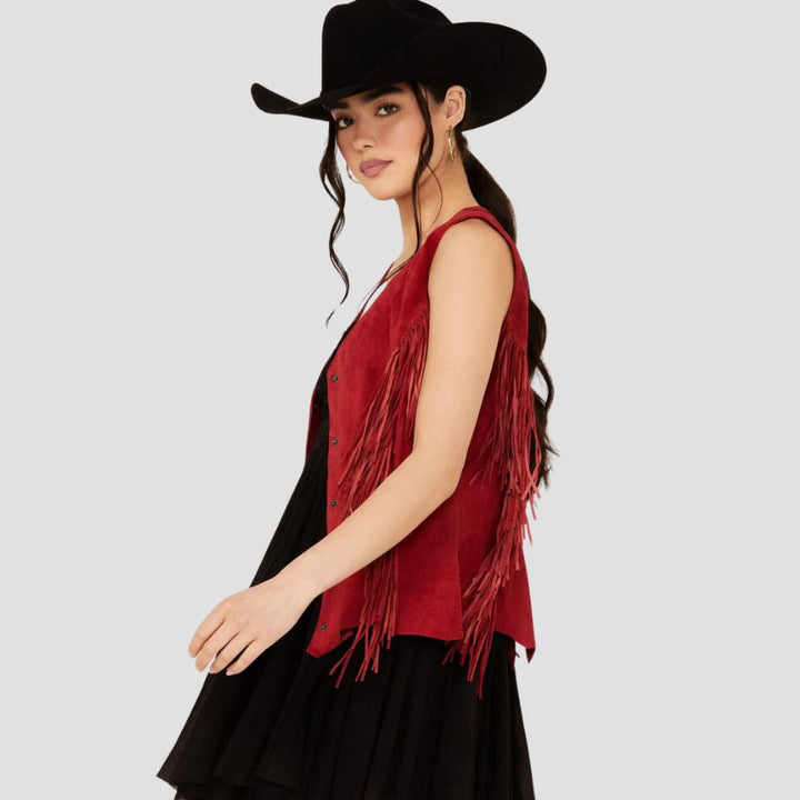 Women’s leather vest with fringe detailing, offering a chic, cowgirl-inspired look for everyday wear.