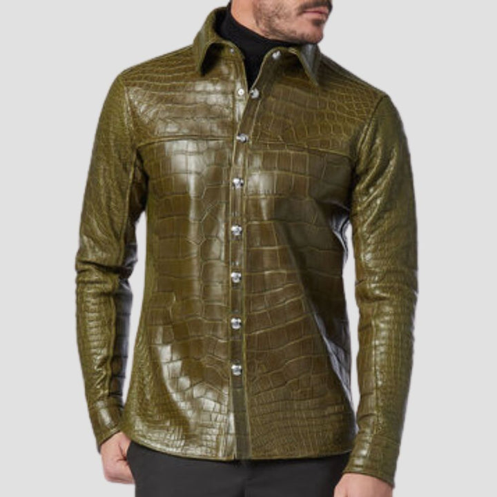 Unique green crocodile embossed leather shirt for men, made from cowhide leather.