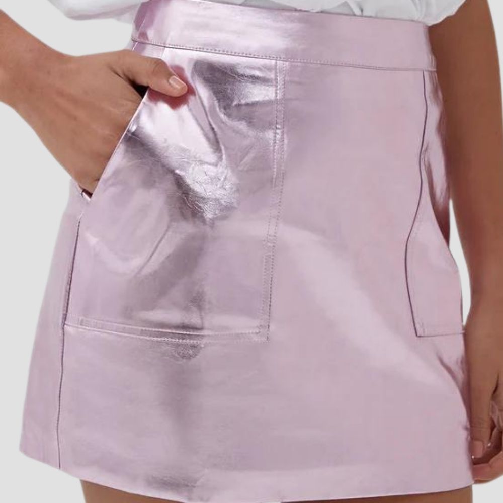 Women’s fashion-forward leather metallic skirt with an elegant design for upscale wear.