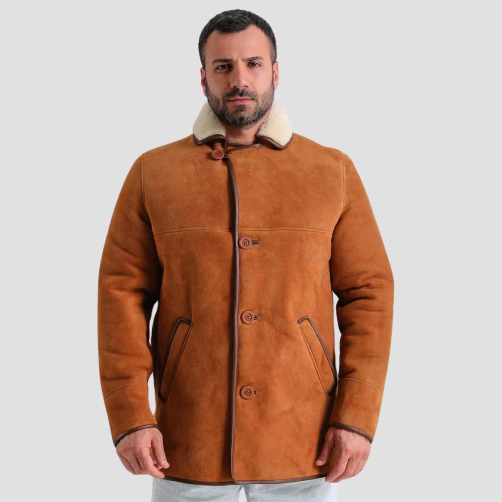 Men’s fashionable brown suede leather jacket with cozy wool fur interior.