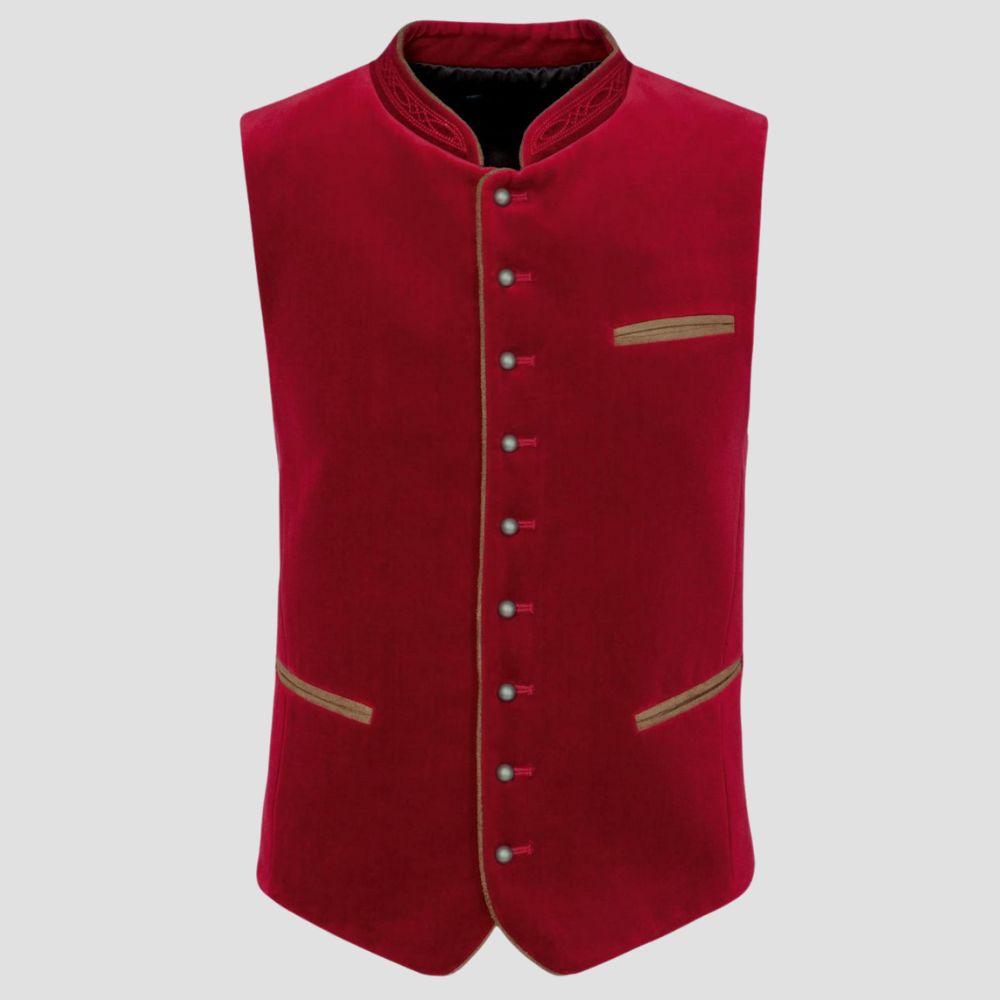 Celebrate in style with this luxurious red velvet Trachten vest, ideal for cultural events and festive gatherings.