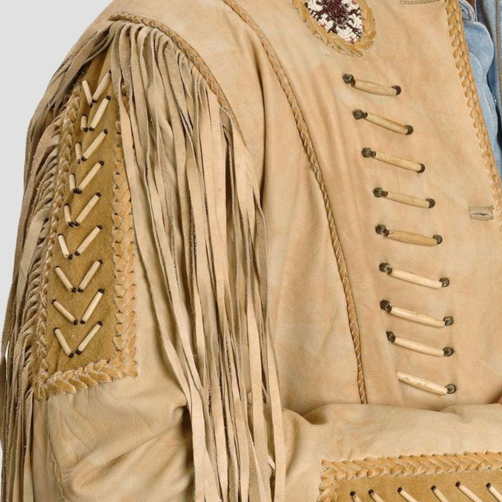 Stylish men’s vintage fringe leather jacket with a retro look.