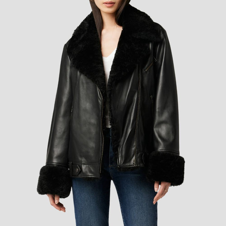 Stay warm and cozy with this fur leather jacket for women, designed for winter adventures. The luxurious fur lining and leather exterior offer both comfort and style.