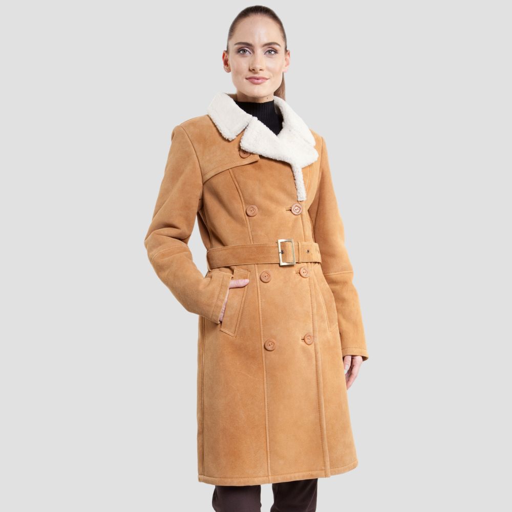 Stay stylish and cozy in this chic brown suede trench coat for women, designed with a luxurious shearling lining to keep you warm throughout the season.