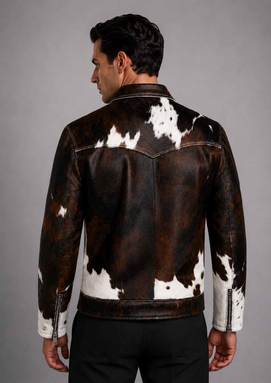 Stylish cow skin print leather jacket crafted from authentic hair on hide leather
