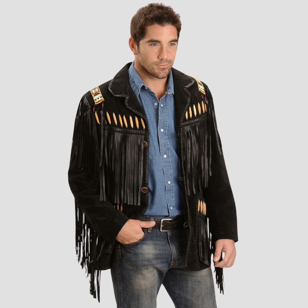 Authentic black fringe leather jacket made from sheepskin for men.