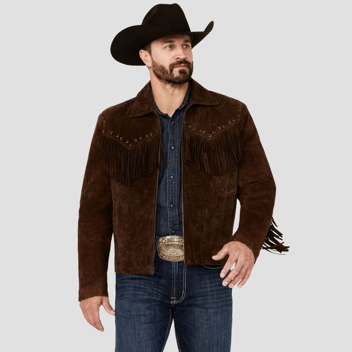 Soft cowboy fringe suede leather jacket in brown for men.