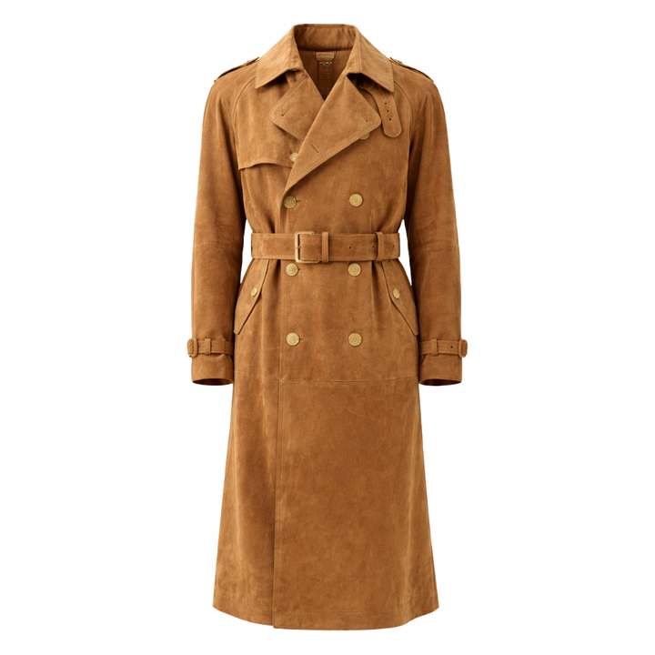 Genuine brown suede leather trench coat for men