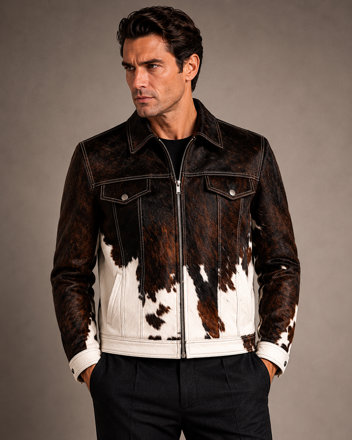 Stylish men’s trucker jacket made from genuine cow skin hair-on leather