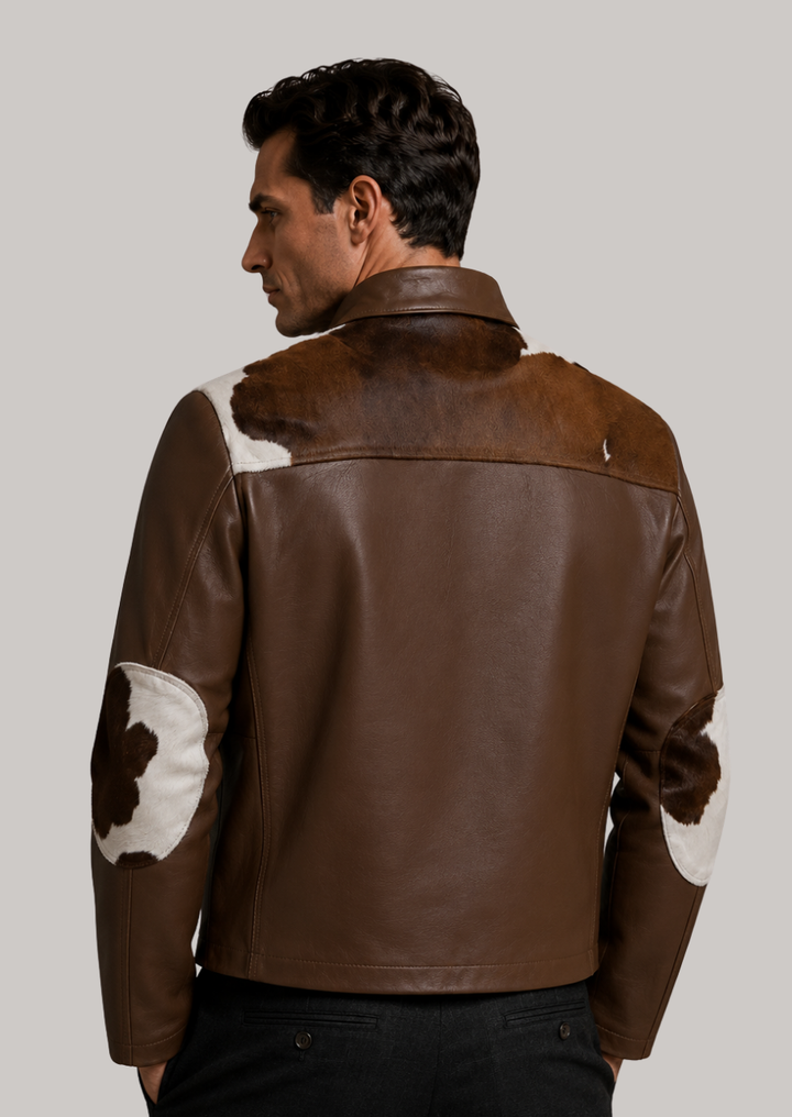 Handmade hair on hide cowhide fur jacket for men with classic moto styling