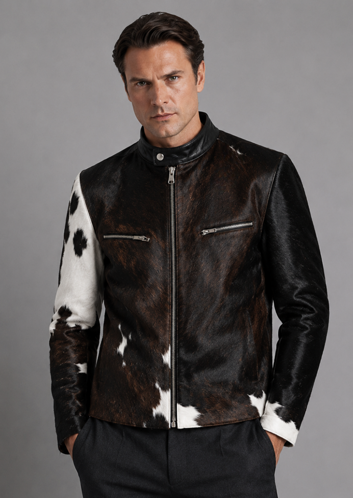 Western style cowhide jacket with natural hair-on hide texture