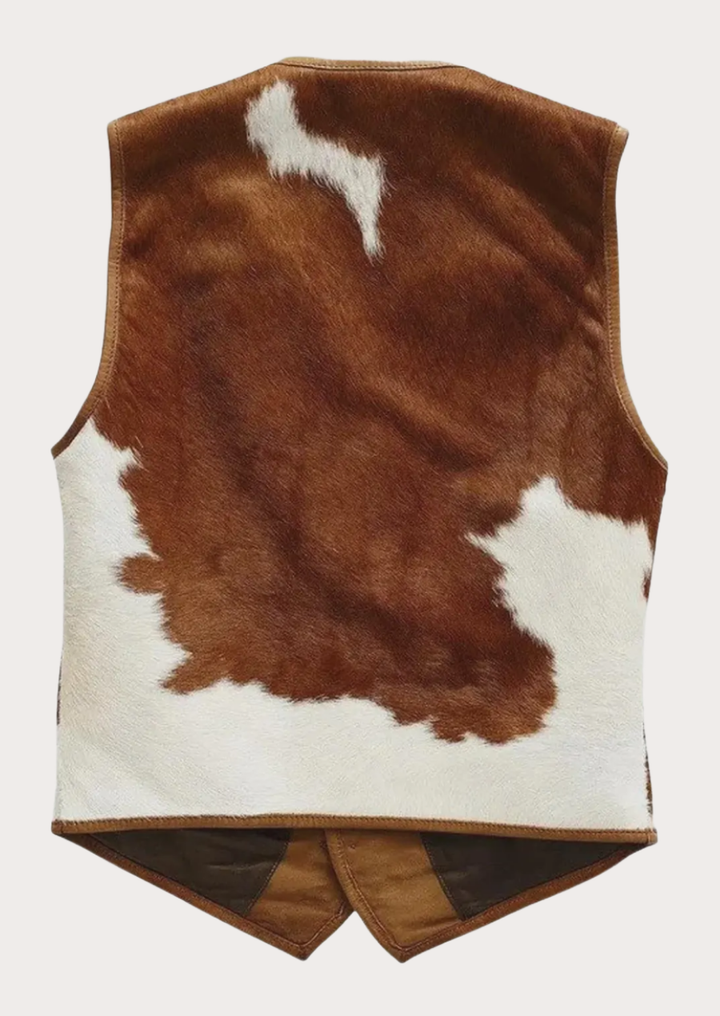 Genuine brown and white hair-on-hide cowhide vest for men with Western cowboy styling