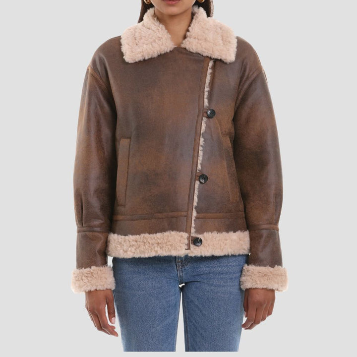 Shop a high-quality B3 bomber leather jacket for women, perfect for cold weather. The shearling lining and durable leather make it the ideal winter coat for warmth and style.