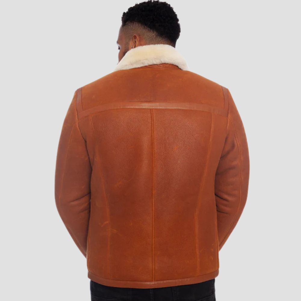 Brown leather aviator jacket for men with cozy white fur interior.