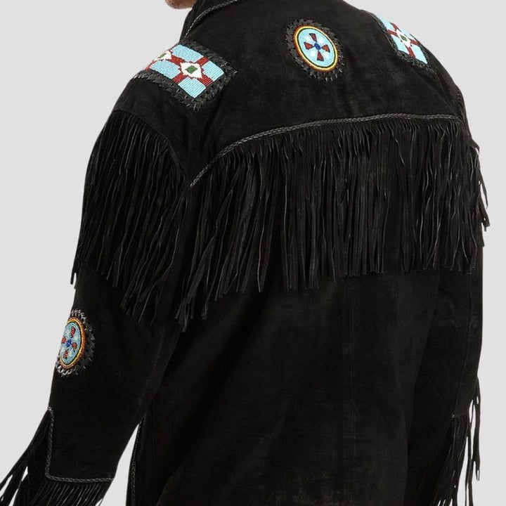 Black suede leather jacket with stylish fringe accents for men