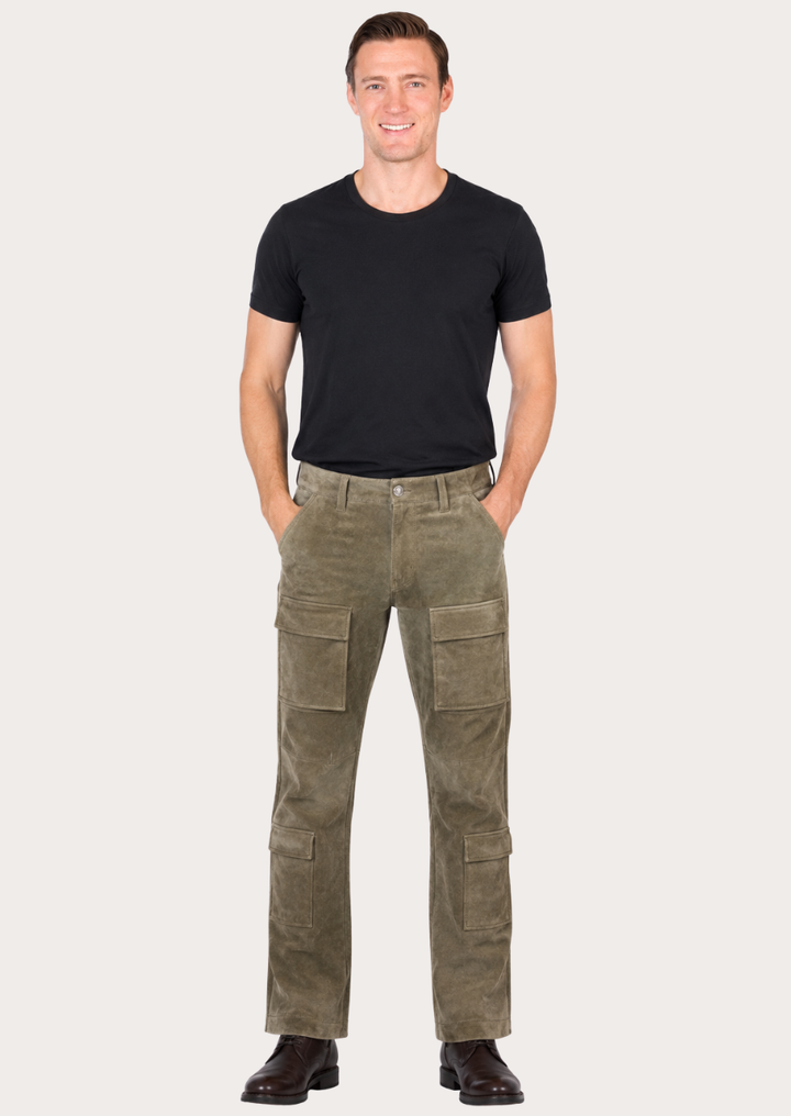 Genuine suede leather cargo pants for men in olive green with a rugged utility design