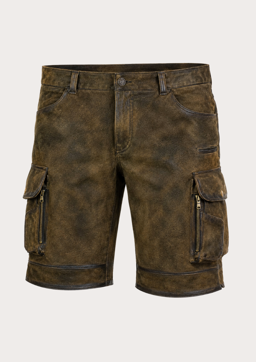 George cargo Lederhosen shorts for men in vintage leather with traditional Bavarian styling