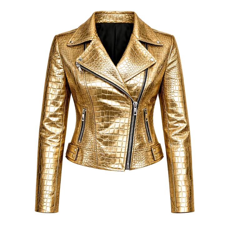 Gold metallic crocodile leather jacket with luxury texture
